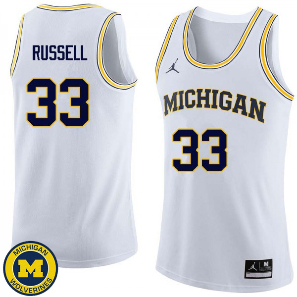 Mens University of Michigan #33 Cazzie Russell White Embroidery Basketball Jersey